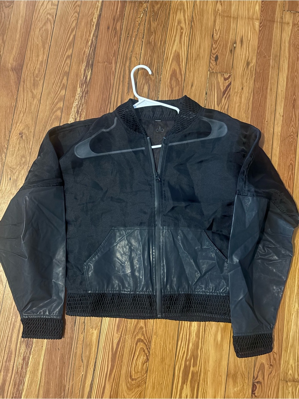 ALO Yoga Black Mixed-Media Bomber with Sheen Panels